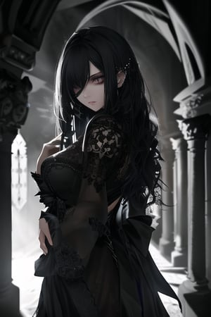A goth princess stands in a dimly lit, abandoned courtyard, shrouded in mystery. Faded stone walls and crumbling archways provide the backdrop for her striking features. Her piercing, sharp eyes seem to hold a thousand secrets as she gazes into the distance. In the muted colors of a forgotten era, every detail is meticulously rendered: intricate lace adorns her raven hair, and her skin bears the subtle glow of a moonlit night. The composition masterfully employs depth of field, drawing attention to her enigmatic presence.