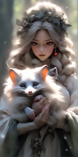 An artistic vision of a witch dressed in winter gothic Lolita attire with fox fur scarf. fox fur gloves on her hands. Half smile. eyes closed. Holding a baby ferret in arms. Dark forest. Disheveled hair. Close-up shot. Cluttered maximalism. Low-key lighting. Photorealistic. High angle. ani_booster,real_booster