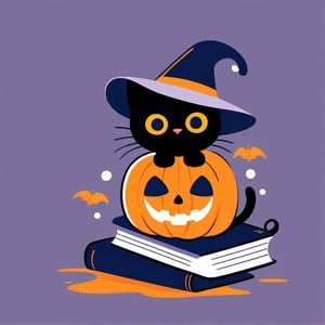 Minimalism, children's rough abstract lines, colorful, extremely childish, very messy, skewed, simple, random brushstrokes. a cute black cat rides a broom has orange eyes and it wear witch hat and hold a book and pen next to a cute Halloween Pumpkin, fantasy swirls splash,cute and quirky, fantasy art,hand-drawn, digital painting, low-poly,aestheticfi,flat design