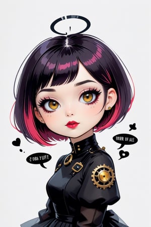 sticker design, steampunk, upper body, close eyes, white background, bob cut, short hair, multicolored hair, makeup , parted lips, black lips, eyeliner, gothic, goth girl,
her hair is styled in a bob with bangs. the tips of her hair are dyed red. sweet cartoon style

,disney pixar style,Line Chibi yellow,Line Chibi pink,Flat Design