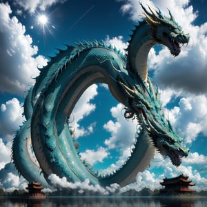 A dragon is a creature that lives in the air currents of clouds. The upper part of the display scene is clouds and the lower part is water, Chinese auspicious cloud patterns, Japanese Ukiyo-e water ripples, extremely depicting the relationship between water and dragons, the concept of Chinese dragons, a giant dragon emerges from the clouds and rain, cold colors, 8k picture quality , extremely realistic, hyper-realistic, extremely fine, light and shadow,dragon-themed