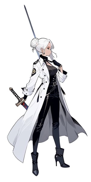 1girl, solo, simple background, gloves, long sleeves, Greatsword, long sword, long trench coat, jewelry, standing, full body, weapon, white hair, earrings, black gloves, pants, hair bun, black footwear, high heels, from side, profile, makeup, black pants, single hair bun, eyeshadow, high heel boots, sword stuck in the ground, hands hold the sword hilt in front of her chest, long hilt,girl