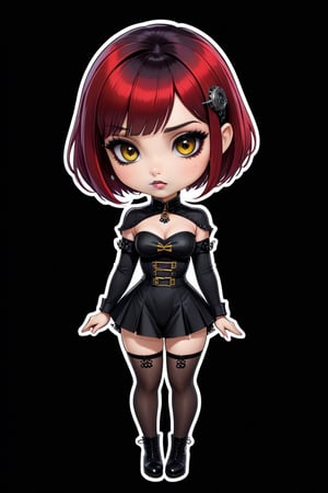 sticker design, steampunk, full body, sharp eyes, white background, bob cut, short hair, multicolored hair, makeup , parted lips, black lips, eyeliner, gothic, goth girl,
her hair is styled in a bob with bangs. the tips of her hair are dyed red. sweet cartoon style

,disney pixar style,Line Chibi yellow,LIMBUSCOMPANY_Ryoshu,flat design,cute comic,anime,cutesexyrobbuts style,naked bandage,disney style