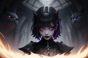 1girl, dark purple hair, glowing eyes, sharp eyes, arrogant, half smile, black lips, goth makeup, colorful eye shadow, wearing stylish clothes, fantasy detailed background, detailed body, detailed face, detailed eyes