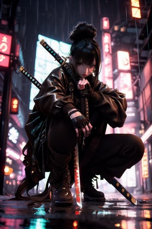 Samurai girl, squatting in the rain, holding sheath with a gleaming katana, single hair bun, dark leather jacket, short pant, earrings, sheathed, neonpunk grunge cuty night background, depth of field, closed mouth, full body, reflection, looking at viewer, fingerless gloves, long hair, gloves, bangs, brown eyes, sidelocks, 