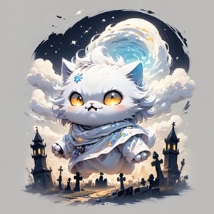 cute angry ghost, graveyards, high contrast, depth_of_field, ray tracing, starrysky, atmospheric,Xxmix_Catecat,mythical clouds,EpicSky,cloud,tshirt design