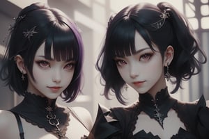 2 girls, dark purple hair, red eyes, sharp, arrogant, arrogant smile, wearing stylish clothes, fantasy detailed background, detailed body, detailed face, detailed eyes