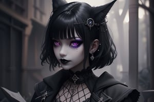 1girl, dark purple hair, glowing eyes, sharp eyes, arrogant, half smile, black lips, goth makeup, colorful eye shadow, wearing stylish clothes, fantasy detailed background, detailed body, detailed face, detailed eyes