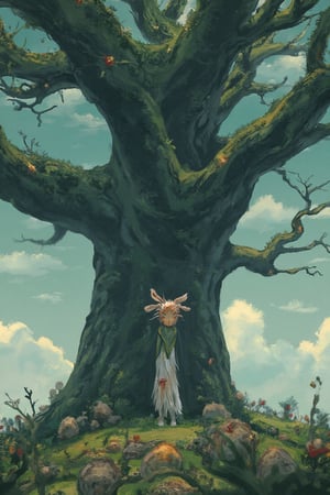 In a mystical realm, a shaman girl donning a rabbit-faced mask stands amidst a sprawling, gnarled tree with branches that seem to stretch towards the sky. Her attire blends seamlessly with the surrounding foliage, as if she's an extension of nature itself. Flat colors evoke a dreamlike quality, while the composition guides the viewer's eye through the mystical landscape.