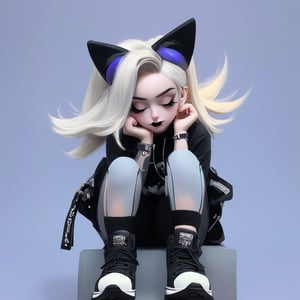 sticker design, Super realistic, full body, a girl with cat ears, short light blonde hair, the ends of her hair dyed lavender, messy hair, black lips, black eyeliner, headphones hanging around her neck, flying goggles on her head, black goth punk Dressed in a short-sleeved hollow top, tight jeans, and a work fanny pack, sitting on a small stool with her elbows on knees and her chin on palms, showing a thinking expression and her mouth slightly poutted. Simple light gray background. 1girl, solo_female