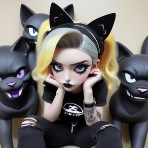 sticker design, Super realistic, full body, a young girl with cat ears, short light blonde hair, the tips of hair dyed lavender, black lips, black eyeliner, headphones hanging around her neck, flying goggles on her head, black goth punk Dressed in a short-sleeved hollow top, tight jeans, tactical fanny pack, sitting on a small stool with her elbows on knees and her chin on palms, showing a thinking expression and her mouth slightly poutted. Simple light gray background.
very beautiful, black lips, eyeliner, goth makeup, realistic anime art style, fantasy artwork, portrait of a steampunk girl, goth person