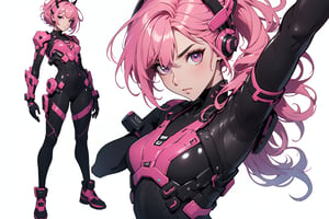 Here is a high-quality, ultra-detailed prompt for your masterpiece:

**Reference Sheet: 1**

Create an 8K/4K masterpiece of a single girl in a fight pose, standing relaxed with arms neutral and character characteristics showcased. The subject has pink hair styled as a short bob, donning an astro-themed costume, purple eyes shining brightly. She wears a tight bodysuit with a transparent overlay, resembling a leotard.

Futuristic footwear with a cyberpunk style, inspired by Masamune Shirow or Neco, completes the character's look. Place her in front of a plain white background, ensuring no distractions and allowing her to take center stage.

**Composition:**

* Full-body shot showcasing the character's dynamic pose and futuristic attire.
* Upper body shot highlighting the astro costume, bodysuit, and hairstyle.
* Reference sheet featuring the character from multiple angles and poses.

**Masterpiece Requirements:**

* Best quality, highest quality render with intricate details.
* Ultra-detailed textures and shading for a realistic appearance.
* 8K/4K resolution to showcase every aspect of the character's design.

No background, just pure focus on the character.