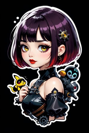 sticker design, steampunk, upper body, close eyes, white background, bob cut, short hair, multicolored hair, makeup , parted lips, black lips, eyeliner, gothic, goth girl,
her hair is styled in a bob with bangs. the tips of her hair are dyed red. sweet cartoon style

,disney pixar style,Line Chibi yellow,LIMBUSCOMPANY_Ryoshu,flat design,cute comic