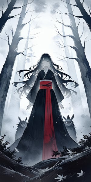 In a dimly lit, mystical forest, a faceless, towering Asian girl stands tall, her slender figure illuminated by an eerie, glowing mist. Her long, flowing hair appears to be made of dark, swirling clouds, as she confronts a horde of imaginary creatures from mythological lore. A bold, red sash wraps around her waist, symbolizing her unwavering determination and courage. The air is heavy with the scent of wet earth and decaying leaves, as if the very forest itself holds its breath in anticipation of the adventure to come.,art_booster