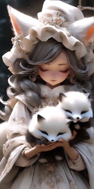 An artistic vision of a witch dressed in winter gothic Lolita attire with fox fur scarf. fox fur gloves on her hands. Half smile. eyes closed. Holding a ball-like tiny baby nine-tailed fox in arms. Dark forest. Disheveled hair. Close-up shot. Cluttered maximalism. Low-key lighting. Photorealistic. High angle. ani_booster,real_booster