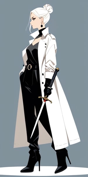 1girl, solo, simple background, gloves, long sleeves, Greatsword, long sword, long trench coat, jewelry, standing, full body, weapon, white hair, earrings, black gloves, pants, hair bun, black footwear, high heels, from side, profile, makeup, black pants, single hair bun, eyeshadow, high heel boots, sword stuck in the ground, hands hold the sword hilt in front of her chest, long hilt,girl,Flat Design