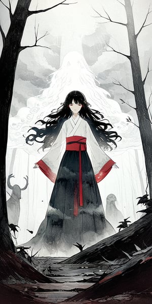 In a dimly lit, mystical forest, a faceless, towering Asian girl stands tall, her slender figure illuminated by an eerie, glowing mist. Her long, flowing hair appears to be made of dark, swirling clouds, as she confronts a horde of imaginary creatures from mythological lore. A bold, red sash wraps around her waist, symbolizing her unwavering determination and courage. The air is heavy with the scent of wet earth and decaying leaves, as if the very forest itself holds its breath in anticipation of the adventure to come.