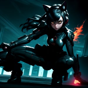 In a gritty, neon-lit terminal station, a fierce cyborg warrior assumes a crouching fighting stance. A female cyborg with vibrant bob-cut hair and a scratch mask adorned with cat-ear headphones and a nun's headscarf dons a tactical armor suit featuring a sharp black dragon headpiece with glowing golden flaming pupils. Her face is a beautiful blend of human and machine, with infected machine parts visible beneath the skin. A gun clutches in her hand as she gazes out at the blurred cityscape behind her. Her hair, a tangle of futuristic infected locks, seems to pulse with energy as she prepares for battle.