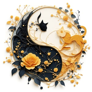 A harmonious fusion of Eastern philosophies and artistic techniques. The yin-yang Tai Chi diagram is rendered in exquisite Quilling style, with intricate black and gold lines entwining the golden cat and the black cat. The delicate curves evoke a sense of balance and harmony, as if the very essence of Chinese ink drawing has been distilled into this elegant composition. Against a subtle Watercolour background, the Gold Edged Black Rose adds a touch of luxury and mystique, its petals unfolding like a promise of unity and wholeness.