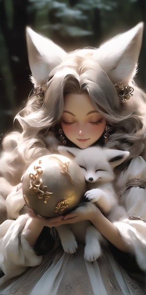 An artistic vision of a witch dressed in winter gothic Lolita attire with fox fur scarf. fox fur gloves on her hands. Half smile. eyes closed. Holding a mini size ball-like baby nine-tailed fox in arms. Dark forest. Disheveled hair. Close-up shot. Cluttered maximalism. Low-key lighting. Photorealistic. High angle. ani_booster,real_booster