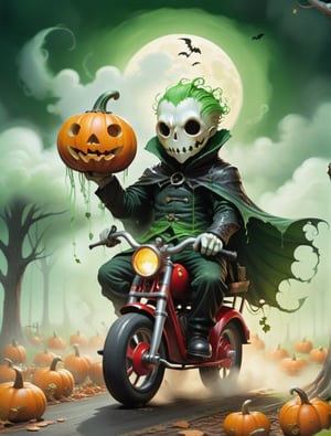 2D, creepy, cute Chibi Headless Horseman, no head, no face, (dullahan with no head), his head is a cloud of green steam, driving a red tricycle with basket, sleepy hollow, cartoon, ((headless)) Disembodied Head, holding his head in one hand, halloween ambience (style of Skottie Young:1.3) (masterpiece, best quality:1.5), headless monster, pumpkin field, more detail XL