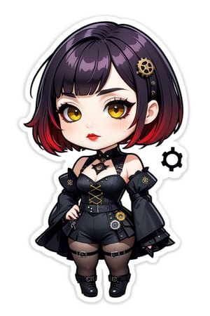 sticker design, steampunk, upper body, close eyes, white background, bob cut, short hair, multicolored hair, makeup , parted lips, black lips, eyeliner, gothic, goth girl,
her hair is styled in a bob with bangs. the tips of her hair are dyed red. sweet cartoon style

,disney pixar style,Line Chibi yellow,LIMBUSCOMPANY_Ryoshu,flat design,cute comic,anime,Emote Chibi