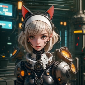 Close-up shot of a female cyborg, 'Bob-Cut' hair vibrant with colorful hues, framing her intense expression. A scratch mask with cat-ear headphones and nun headscarf adorn her face, juxtaposed with tactical armor plating and a sharp black dragon's head with neon accents. Infected machine parts mesh seamlessly with her beautiful girl features. Crouched in fighting stance, she grasps a gun, futuristic hair infected with glowing strands, set against the blurred cityscape of a terminal station. Her eyes blaze with golden flames amidst chromatic spots on her black eyeballs, within the deva battle suit's armor shell, evoking a Nijistyle aesthetic.l,urban techwear,cyborg,disney pixar style,c1bo,reelmech