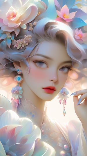 portrait, blowing messy hair, multicolored hair, coiffure, jewelry, many jewels, elegance, flowers on hair, lace gown, pale skin, South Korean lipstick, large lips, gradient lipstick, thick eyebrows, moonlight, pearls, plump lips, acrylic, fantasy, detailed eyes, detailed fingers, realistic eyes, drawn pupils, white eyelashes, shine watercolor, detailed face, bright, bright eyes, jewelry, variegated hair, dancing glow, super-detailed face,FlowerStyle