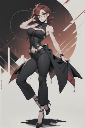 masterpiece, best quality, highly detailed face, a beautiful woman, medium hair, large breasts, (large breasts quality), red eyes, red hair, ((full_body)) Corset Flared Crisscross Strap Dress, (Punk Sleeveless Dress), stomach, circle-glasses, black pants, 4k, jk style,