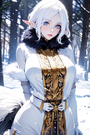 ((top-quality, 8K, masterpiece:1.3)),, Beautiful crystal blue eyes, white  shining hair, long elvish braid,  Elf Maiden, winter night image, snowflakes, Mature, huge stunning goddess shot, the extremely hot and sexy, powerful and huge, jaw dropping beauty, goddess of Japan, very Bigger breasts, Big ass, (thigh visible), in the snow, Beautiful woman with perfect body shape:1.4, Slender Abs:1.1, Highly detailed facial and skin texture, A detailed eye, (looking at from the front), Look at the camera, ((1girl in, perfectly proportions, Beautiful body, Detailed skin, Detailed eyes:1.5)), ((perfectly proportions, Beautiful body, showing your whole body:1.5)), ((wearing a white leather tunic fur trim, intricate clothing, waistband, fur collar, animal fur clothing, fur trim gloves:1.5)), ((beautiful young Elf lady with white hair:1.5)), ((Everything is sparkling, reflecting light:1.2)), blue sky, valley, mountains, trees,  Snowing, (From knee to chest:1.5),  (portrait),midjourney,oda non , xxmix_girl