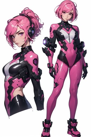 Masterpiece:1.2, 8k resolution. Ultra-detailed illustration of a single girl character in a fight pose, with a relaxed standing posture and neutral facial expression. Character features: pink hair styled as a short bob, astro costume, purple eyes, tight bodysuit, transparent bodysuit, leotard, futuristic footwear with cyberpunk style inspired by Masamune Shirow and Neco. No background or light plain white background to emphasize the character's full-body pose. The focus is on the character's physique and attire, showcasing intricate details. Reference sheet:1, multiple views (full body, upper body). Best quality, highest quality output.
, clean background, jumpsuit,
