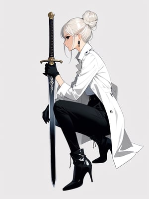 1girl, solo, simple background, gloves, long sleeves, Greatsword, long sword, long trench coat, jewelry, standing, full body, weapon, white hair, earrings, black gloves, pants, sword, hair bun, black footwear, high heels, from side, profile, makeup, black pants, single hair bun, eyeshadow, high heel boots, sword stuck in the ground, lay hands upon sword hilt, long hilt,girl