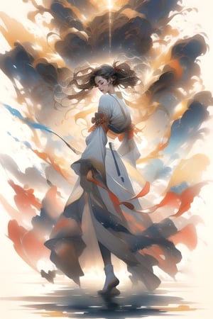 masterpiece, impasto, painting, cinematic lighting, dynamic rays, medium shot, full body, hyperdetailed, 1 goddess, long brown hair, black eyes, white dress, huddle, plain background, trending artstation, trending WLOP, fully rendered, expressive style,A Traditional Japanese Art,beautyniji,tianyuan