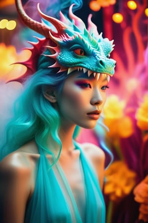 In a whimsical, heavenly setting bathed in bioluminescent hues and uplit by sacred geometry, a fantastical dragon materializes amidst smoke and veil. Its delicate, fashionable form embodies the essence of sweet life, love, and tenderness. Framed against a vibrant, colorful background, this Aetherpunk scene is shot on Canon 5D Mark IV using Kodak Ektar film.

The dragon's neon-glowing hair flows like curved lines, creating an elaborate design that defies gravity. Its flamboyant nature is captured in pastel colors, with intricate details that invite exploration. As the camera lingers, a subtle blood-red tone hints at the mystical energies at play.