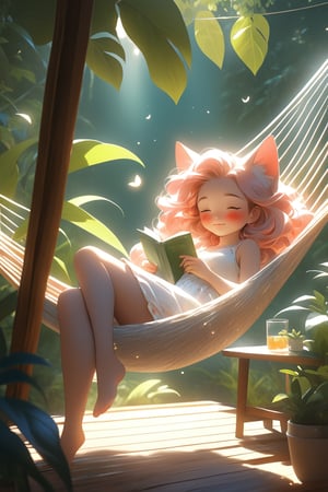 A serene summer afternoon, the warm sunlight filters through lush leaves, casting dappled shadows on the wooden platform where a teenage girl with short, coral pink hair lies languidly in a hammock outdoors, her eyes closed in slumber, her Siamese cat sleeping near to her. The hammock is suspended between two large indoor plants, surrounded by fairy lights and hanging terrariums. She was wearing a skimpy short dress, barefoot, and had a peaceful expression. Next to her, an open book and glass of icy drink beckon attention. The peaceful atmosphere is palpable as she basks in the tranquility of the moment, her features perfectly framed within the picturesque scene.
photorealistic concept art, soft natural volumetric cinematic perfect light. ,niji style