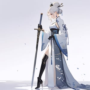 1girl, solo, simple background, gloves, long sleeves, Greatsword, long sword, chinese traditional dress, jewelry, standing, full body, weapon, white hair, earrings, black gloves, hair bun, black footwear, high heels, from side, profile, makeup, single hair bun, eyeshadow, high heel boots, sword stuck in the ground, hands hold the sword hilt in front of her chest, long hilt,girl,long skirt,Fashion cheongsam, HanFu
