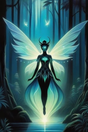 In the eerie avant-garde gouache painting, an ethereal bioluminescent female floats effortlessly amidst a darkened forest. The seducers body emanates a surreal glow, its fragile translucent wings emitting a soft, otherworldly light. Delicately painted details highlight the intricate patterns on her iridescent skin, reflecting a captivating dance of vibrant greens and blues. The artist's masterful brushstrokes capture the temptress alluring mystique, creating a mesmerizing image that transports viewers to a hauntingly beautiful realm.,chinese ink drawing,ink scenery,ct-niji3,lineart,painting,chinese_painting,Flat vector art,txznf,Movie Poster,DonMD0n7P4n1cXL,DonMD4rkT00nXL 
