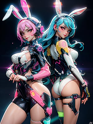 masterpiece, best quality, beautiful neon lighting, 2 girls, cheongsam, fluorescent leotard,  bare shoulders, cyberpunk,  science fiction, cyborg, casino background, neon background, breasts , bunny girl, Rabbit ears, smile, (oil shiny skin:1), chiseled, (hunky:1),  (perfect anatomy, prefecthand, long fingers, 4 fingers, 1 thumb), dynamic sexy pose, (artistic pose of a woman),photo r3al,neon style,simple background, Strong Backlit Particles,More Detail,Young beauty, ,nijilorawolf