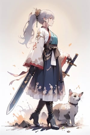girl  dressed as a witch, pastel colors, purple colors, blue colors, green colors, shading, gray scale, hand drawn, 1girl, solo, simple background, long sleeves, Greatsword, long sword, long trench coat, jewelry, standing, full body, weapon, silver hair, earrings, black gloves, black footwear, high heels, from side, profile, makeup, chinese traditional dress, high pony tail hair, eyeshadow, high heel boots, sword stuck in the ground, hands hold the sword hilt in front of her chest,hanfu,outfit hanfu