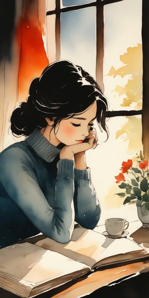 masterpiece, high quality, 8K, high_res, ink lines and watercolor wash,
homemade photoshot, melancholy embience, a girl holds her chin and looks out the window, thoughtfully, (in the tranquility of the book pages and panes, nature and wisdom are whispering, no matter it is sunny or rainy.) Stationery is scattered on the table, hot tea, minimalist style, watercolor rendering, elegant colors, loose knitted turtleneck sweater, monochrome picture, sad, beautiful, elegant, very detailed, establishing shot, 