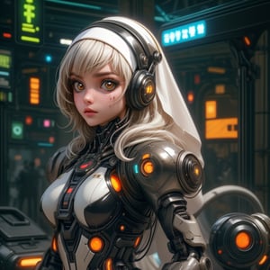 Close-up shot of a female cyborg, 'Bob-Cut' hair vibrant with colorful hues, framing her intense expression. A scratch mask with cat-ear headphones and nun headscarf adorn her face, juxtaposed with tactical armor plating and a sharp black dragon's head with neon accents. Infected machine parts mesh seamlessly with her beautiful girl features. Crouched in fighting stance, she grasps a gun, futuristic hair infected with glowing strands, set against the blurred cityscape of a terminal station. Her eyes blaze with golden flames amidst chromatic spots on her black eyeballs, within the deva battle suit's armor shell, evoking a Nijistyle aesthetic.l,urban techwear,cyborg,disney pixar style,c1bo,reelmech