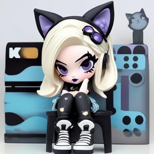 A super realistic sticker design of a cute girl with cat ears and short light blonde hair dyed lavender at the ends. She wears black lipstick and eyeliner, with headphones dangling around her neck and flying goggles perched on her head. Her goth-punk attire includes a short-sleeved hollow top, tight jeans, and a work fanny pack. The girl sits on a small stool with elbows on knees and chin on palms, exuding a thoughtful expression and slightly pouty mouth. Set against a simple light gray background, the overall composition is striking.
