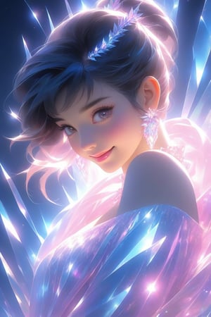 In this stunning photorealistic concept art piece, we gaze upon a mythical being from a high angle, bathed in warm, cinematic lighting with an ambient glow. The subject, a sexy Swiss model, sports short black hair with blunt bangs and a charming smile. She's clad in an oversized off-shoulder pink sweater, paired with fitted jeans, as she plays bass guitar with headphones on.

The background is non-existent, replaced by the Broken Glass effect, allowing our eyes to focus solely on the mesmerizing model. Her iridescent and luminescent scales glimmer under Volumetric light, radiating breathtaking beauty and a divine presence. The overall atmosphere is one of impressive, unforgettable perfection, as if frozen in time.

Compositionally, the wide shot allows us to appreciate the exquisite details and textures of her Gray bracelet and the oversized clevage. The framing showcases the model's stunning features, with sidelighting accentuating her curves. The HDR (1.4) lighting creates a high-contrast scene, while the lens flare adds depth. Vibrant colors meet muted tones in this breathtakingly beautiful piece, perfect for anime style concept art.