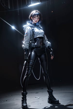 
full body, dynamic poses, beautiful teenage girl, glowing eyes, short colorful hair, bangs, detailed eyes, slim waist, masterpiece, best quality, realistic lighting effects, military spacesuit, open neckline, body straps, hollow crop top space jacket(military), military knee pads, perfect figure, space boots, space station, gloves, space helmet, headphone,solo femaleCinematic angle, cool smirk, sharp eyes, ultra fine quality, masterpiece, best quality, incredibly absurdres, highly detailed, sharp focus, (photon mapping, radiosity, physically-based rendering, automatic white balance), furure_urban, ,rubbersuit02