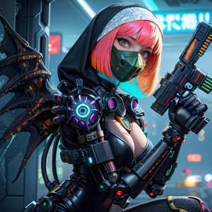 Close-up shot of a female cyborg, Bob-Cut hair vibrant with colorful hues, framing her intense expression. A scratch mask with cat-ear headphones and nun headscarf adorn her face, juxtaposed with tactical armor plating and a sharp black dragon's head with neon accents. Her beautiful girl features blend seamlessly with infected machine parts. Crouched in fighting stance, she grasps a gun amidst futuristic hair infected with glowing strands, set against the blurred cityscape of a terminal station. Golden flames blaze within chromatic spots on her black eyeballs, evoking Nijistyle aesthetics within the deva battle suit's armor shell.,reelmech, mechanical parts, joints,nijistyle