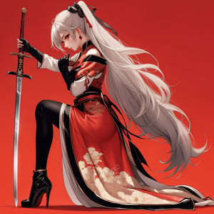 1girl, solo, simple background, gloves, long sleeves, Great sword, long sword, chinese traditional dress, jewelry, standing, full body, weapon, silver hair, earrings, black gloves, high pony tail, black footwear, high heels, from side, profile, makeup, high heel boots, sword stuck in the ground, hands hold the sword hilt in front of her chest, long skirt,Fashion cheongsam, HanFu,jianxian