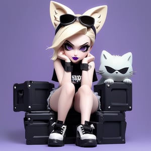 sticker design, Super realistic, full body, a girl with cat ears, short light blonde hair, the tips of hair dyed lavender, black and purple lips, black eyeliner, headphones hanging around her neck, flying goggles on her head, black goth punk Dressed in a short-sleeved hollow top, hot pants, and a tactical fanny pack, sitting on a small stool with her elbows on knees and her chin on palms, showing a thinking expression and her mouth slightly poutted. Simple light gray background.