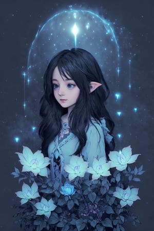 Ultra detailed illustration of a elf lost in a magical world full of wonders forest, unique luminous flora, highly detailed, pastel colors,  digital art, art by Mschiffer, night, dark, grey bioluminescence, darkness background, 1girl