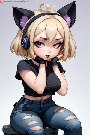 sticker design, Super realistic, full body, chibi, a cute girl with cat ears, short light blonde hair, the ends of her hair dyed lavender, black lipstick, black eyeliner, headphones hanging around her neck, flying goggles on her head, black goth punk Dressed in a short-sleeved hollow top, tight jeans, and a work fanny pack, sitting on a small stool with her elbows on knees and her chin on palms, showing a thinking expression and her mouth slightly poutted. Simple light gray background.
,disney pixar style,Line Chibi yellow,LIMBUSCOMPANY_Ryoshu,cute comic,anime,cutesexyrobbuts style