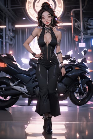 A beautiful woman, medium hair, large breasts, (large breasts quality), red eyes, red hair, ((full_body)) Corset Flared Crisscross Strap Dress, (Punk Sleeveless Dress), stomach, circle-glasses, black pants, 4k,best quality,masterpiece,SAM YANG,jk style,midjourney